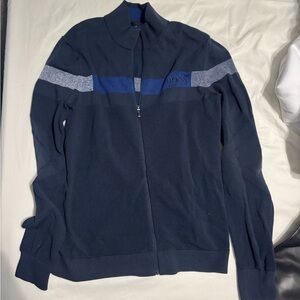 HUGO BOSS Navy Full-Zip Sweater with Blue and Gray Stripes MENS